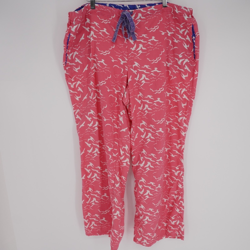 Boden Cotton Seagull Print Pajama Pants Womens 16 Pink Velvet Drawstring Pockets